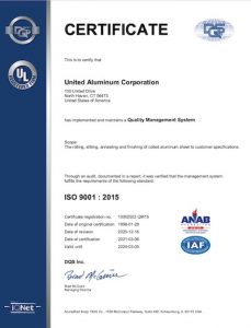 United Aluminum ISO 9001 Certificate